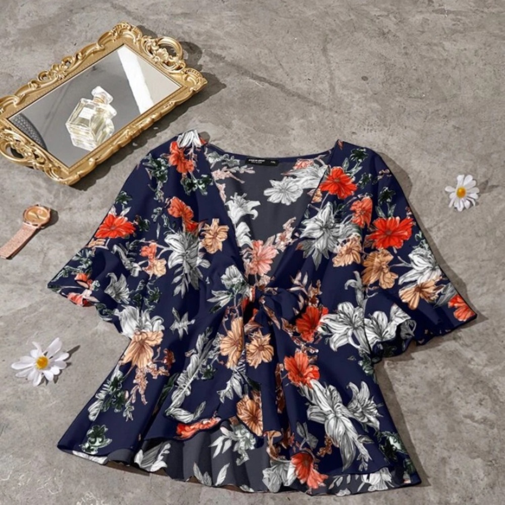 Shein Curve Floral Tie Front Ruffle Hem Top size 0XL (12)